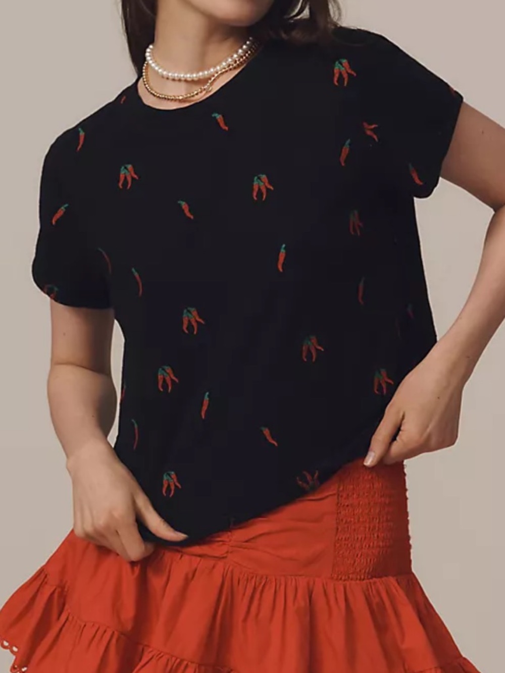 NWOT Anthropologie Maeve The Caitlin Embroidered Boxy Tee Black Hot Pepper